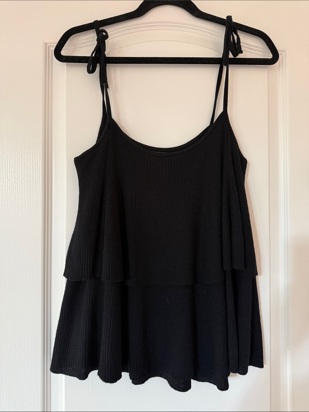 J Crew Ribbed Merino Black Tiered Tie-Strap Tank